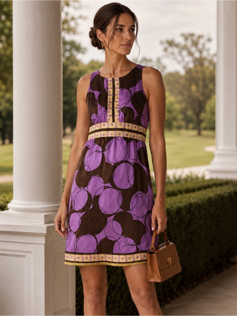 100% SILK  Alice & Trixie Mod Circle Print Silk Dress XS Purple Brown Keyhole Ba